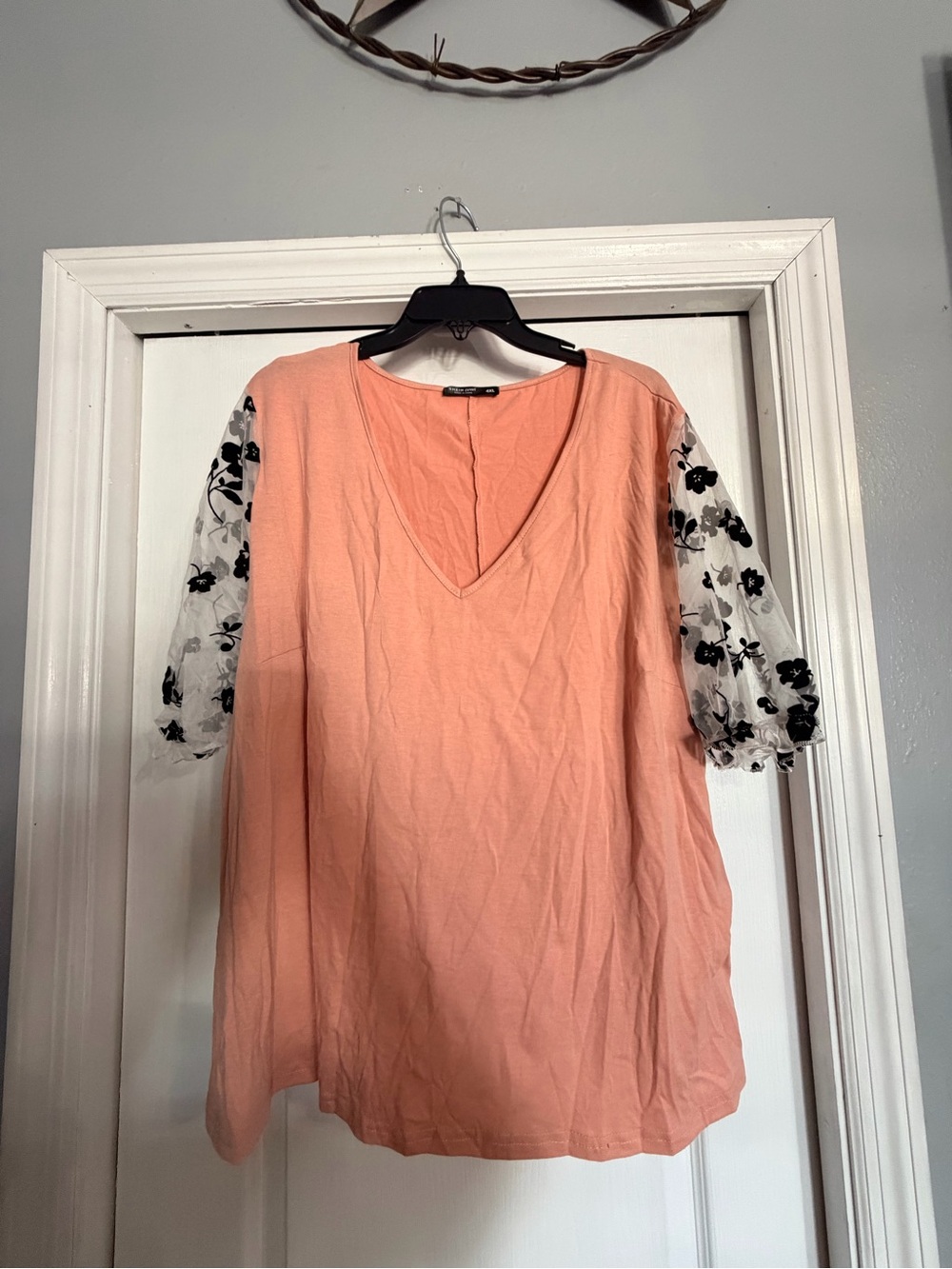 SHEIN Peach V-Neck Top with Black Floral Mesh Sleeves